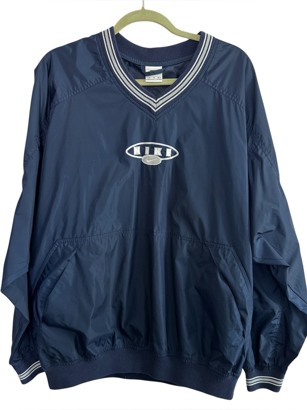 Vintage Nike Pullover Spellout Swoosh Windbreaker Jacket Navy Blue Coat Men's XL